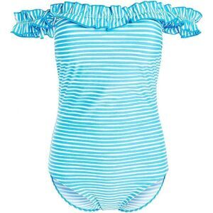 NEW Nicole Miller Studio Off Shoulder One Piece Swimsuit Blue Striped Size 10